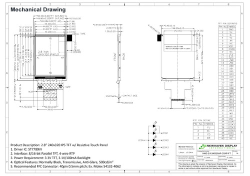 Plano de especificaciones para NHD-2.8-240320AF-CSXP-FT