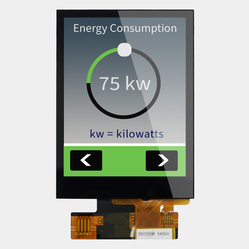 Front view of a bright 240x320 pixel IPS TFT LCD showing a power consumption readout inside a circular graphic with left and right directional buttons on a grey background.