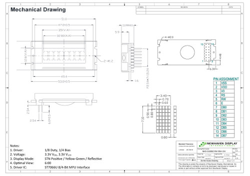 Tekeningspecificatie voor NHD-0108BZ-RN-YBW-33V