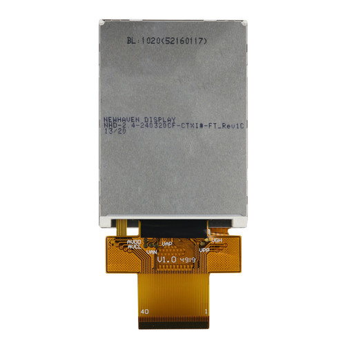 Flat silver backside of a TFT LCD with the model number (NHD-2.4-240320CF-CTXI#-FT) printed in black text and an attached 40-pin ZIF FFC.