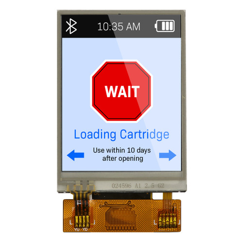 Front view of a 240x320 pixel TFT LCD showing a warning icon with touch-controlled navigation arrow buttons.