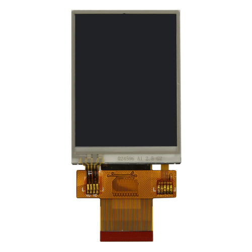 Front view of a 2.4-inch TFT LCD with an attached 40-pin ZIF FFC and an inactive black screen.