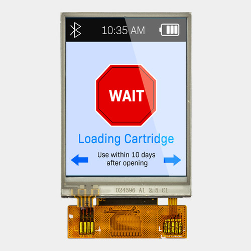 Front view of a 240x320 pixel TFT LCD showing a warning icon with touch-controlled navigation arrow buttons.