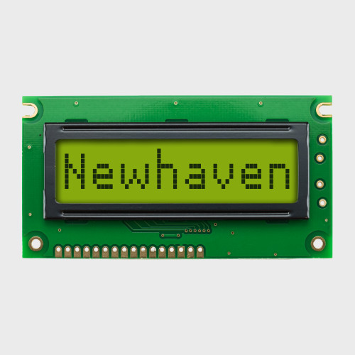 Front view of an 8x1 character LCD with a STN+ yellow-green background showing the word Newhaven in dark text.