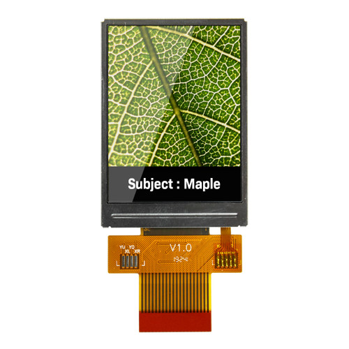 Front view of a bright 240x320 pixel IPS TFT LCD with an attached 20-pin FFC showing a detailed close-up image of a leaf.