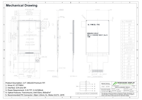 Specification drawing for NHD-2.4-240320CF-BSXV-F