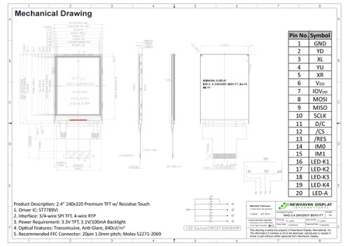 Specification drawing for NHD-2.4-240320CF-BSXV-FT