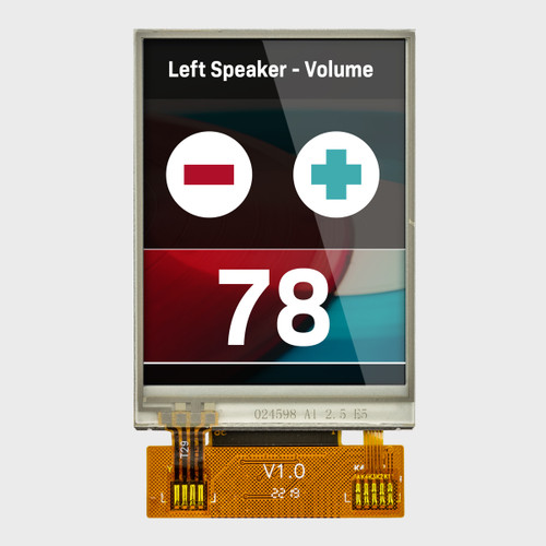 Vorderansicht eines hellen TFT-LCD-Displays mit einer Auflösung von 128 x 160 Pixeln, das eine Lautstärkeregelung mit berührungsempfindlichen Tasten anzeigt.
