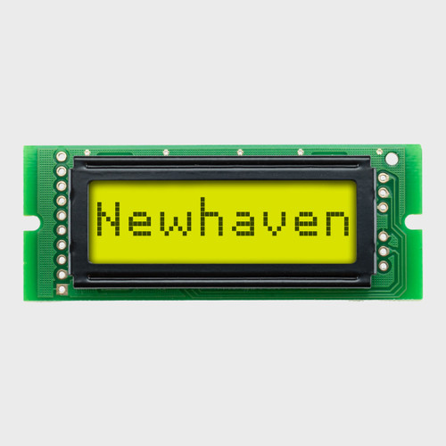 Front view of an 8x1 character LCD with a yellow-green backlit screen showing the word Newhaven in dark text.
