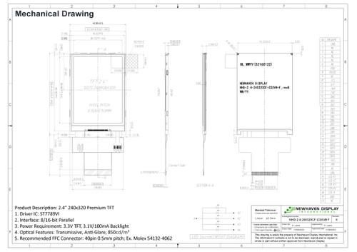 Plano de especificaciones para NHD-2.4-240320CF-CSXV#-F