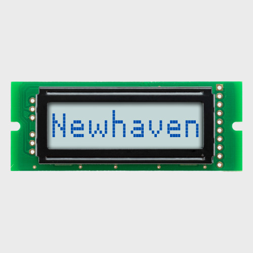 Front view of an 8x1 character LCD with a white backlit screen showing the word Newhaven in dark text.