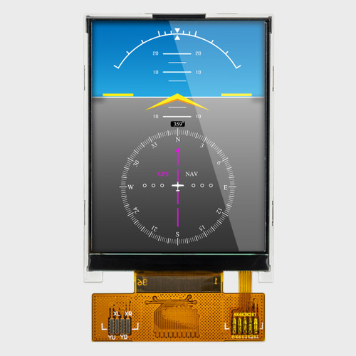 Vorderansicht eines hellen TFT-LCD-Displays mit einer Auflösung von 240 x 320 Pixeln, das eine graue und blaue Anzeige für ein Höhenmessgerät in der Luftfahrt zeigt.