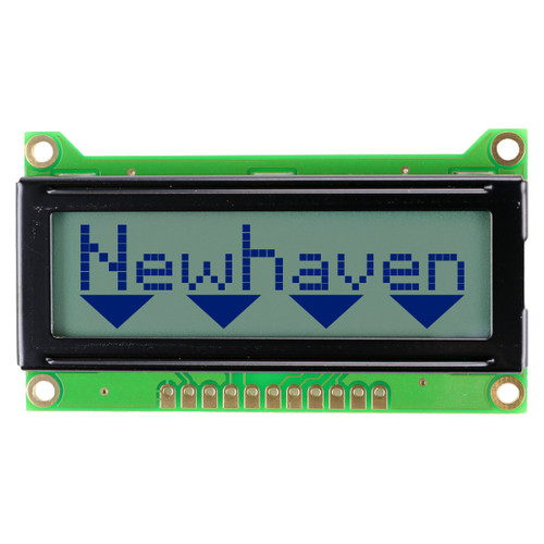 Front view of an 8x1 character LCD with an unlit STN+ gray screen showing the word Newhaven and four triangle icons below it.