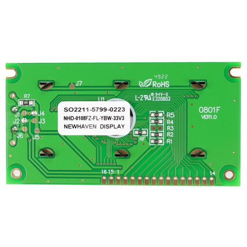 A green PCB on the back side of an LCD display with a white label featuring the model number (NHD-0108FZ-FL-YBW-33V3).
