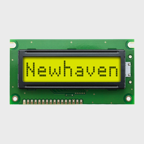 Front view of an 8x1 character LCD with a yellow-green backlit screen showing the word Newhaven in dark text.