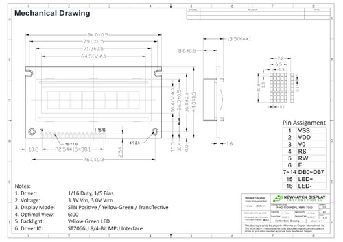 Specifiche di disegno per NHD-0108FZ-FL-YBW-33V3