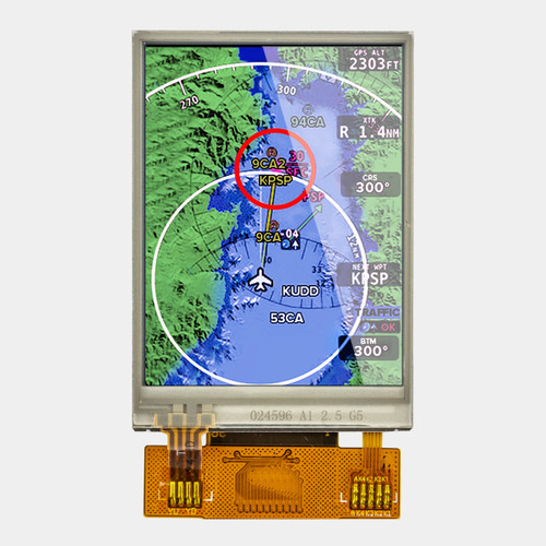Front view of a bright 240x320 pixel TFT LCD showing a blue and green aviation map.