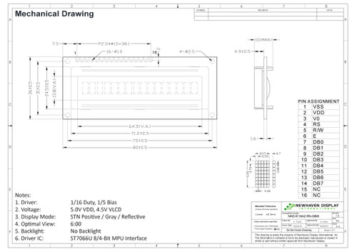 の図面仕様。NHD-0116AZ-RN-GBW