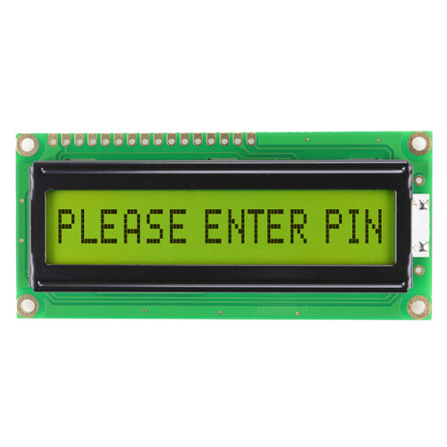 Front view of an unlit 16x1 character LCD with a STN+ yellow-green screen showing the text Please Enter Pin.