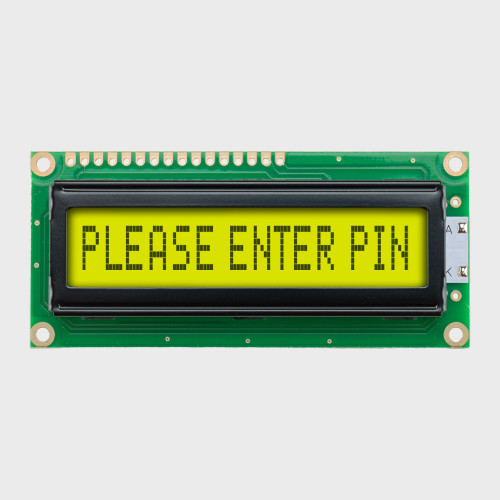 Front view of a 16x1 character LCD with a yellow-green backlit screen showing Please Enter Pin in dark text.