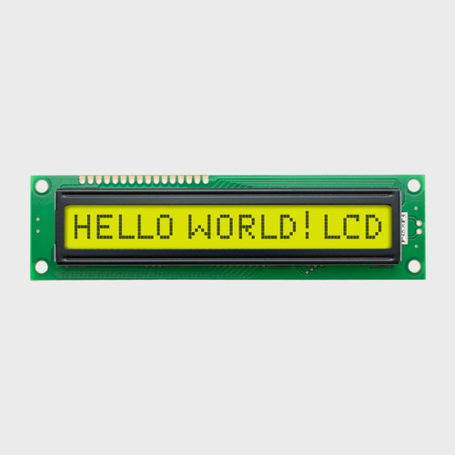 Front view of a 16x1 character LCD with a yellow-green backlit screen showing Hello World! LCD in dark text.