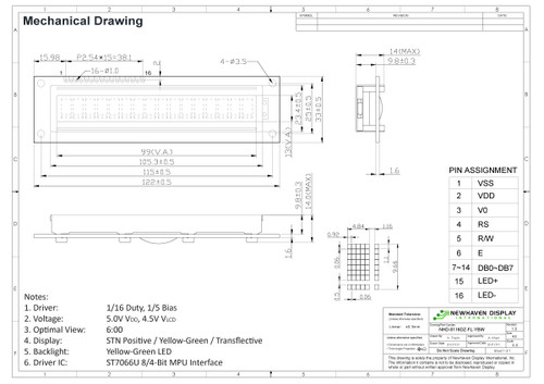 Especificación de dibujo para NHD-0116DZ-FL-YBW