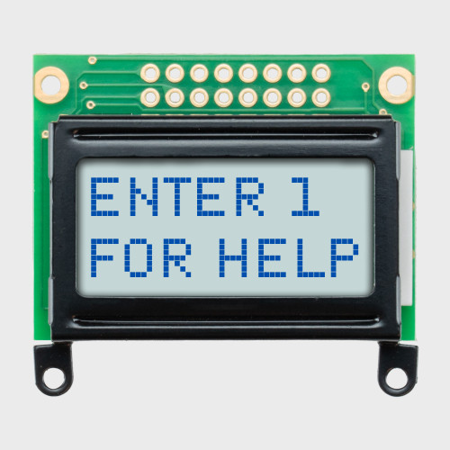 Front view of an 8x2 character LCD with a white backlit screen showing Enter 1 on the first line and For Help on the second in dark text.