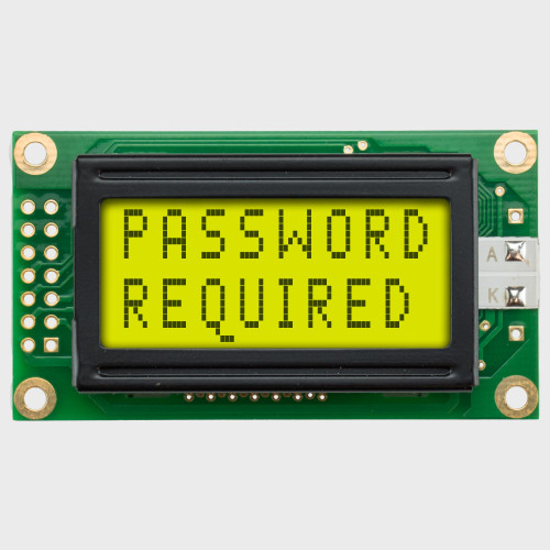 Front view of an 8x2 character LCD with a backlit yellow-green screen showing the words Password on the first line and Required on the second in dark text.