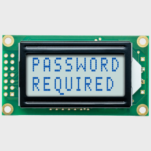 Front view of an 8x2 character LCD with a backlit white screen showing the words Password on the first line and Required on the second in dark text.