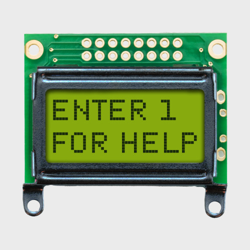 Vorderansicht eines unbeleuchteten 8x2-Zeichen-LCD mit einem STN+-Bildschirm in Gelbgrün, auf dem in der ersten Zeile „Enter 1” und in der zweiten Zeile „For Help” in dunkler Schrift angezeigt wird.