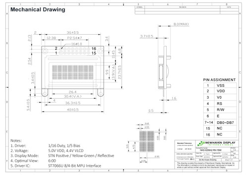 Especificação do desenho para NHD-0208AZ-RN-YBW