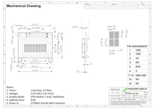 Especificación de dibujo para NHD-0208AZ-RN-GBW