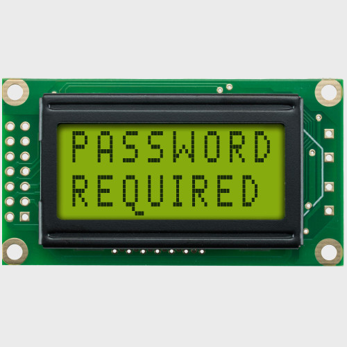 Front view of an unlit 8x2 character LCD with a STN+ yellow-green screen showing the words Password on the first line and Required on the second in dark text.