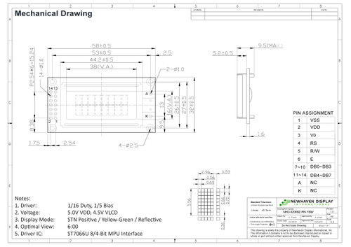 Especificación del dibujo para NHD-0208BZ-RN-YBW