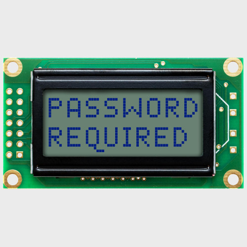 Front view of an unlit 8x2 character LCD with a STN+ gray screen showing the words Password on the first line and Required on the second in dark text.