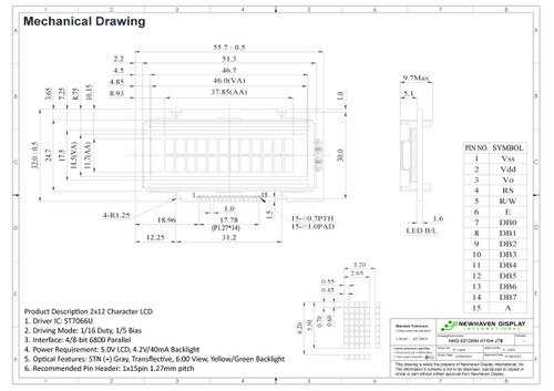 Especificación de dibujo para NHD-0212WH-AYGH-JT#