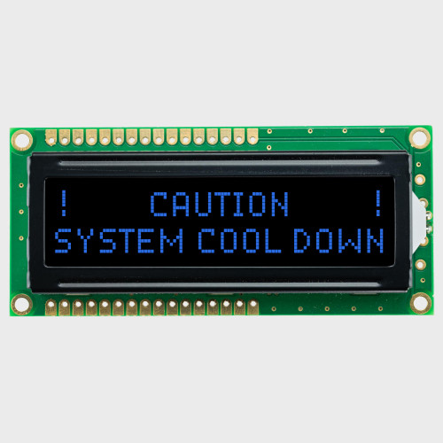 Front view of a 16x2 character LCD with a screen showing a black background and backlit blue text.