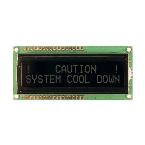Front view of an unlit 16x2 character LCD with a screen showing a black background and light text.