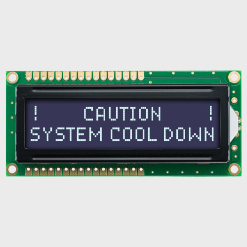 Front view of a 16x2 character LCD with a screen showing a black background and backlit white text.