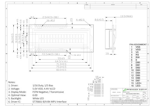 Specyfikacja rysunkowa dla NHD-0216K1Z-NSW-FBW-L