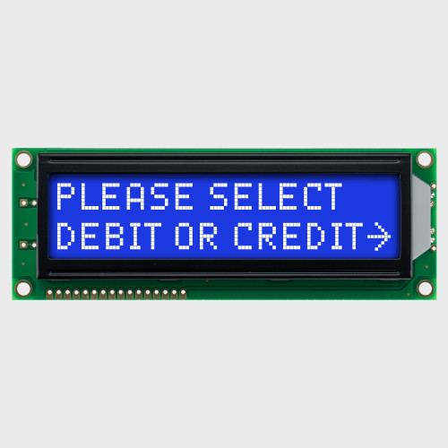 Front view of a 16x2 character LCD with a backlit screen showing a payment method selection prompt in white text on a blue background.