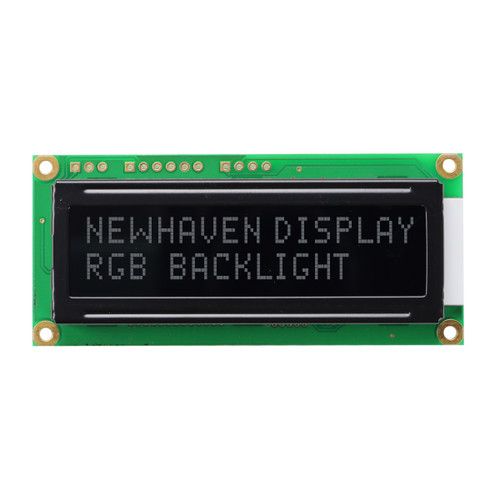 Front view of an unlit 16x2 character LCD with screen showing a black background and light text.
