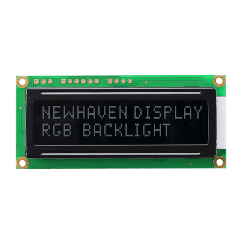 Animated front view of a 16x2 character LCD with screen showing black background and light backlit text that cycles through several colors.