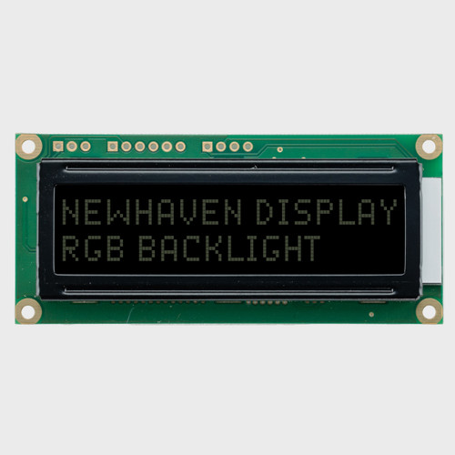 Front view of an unlit 16x2 character LCD showing Newhaven Display RGB Backlight on a FSTN negative black background with white text.