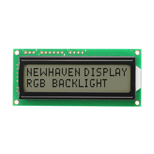 Front view of an unlit 16x2 character LCD with an FSTN+ gray screen showing dark text.
