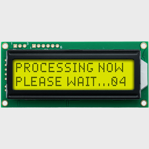 Front view of a 16x2 character LCD with a backlit yellow-green screen showing dark text.