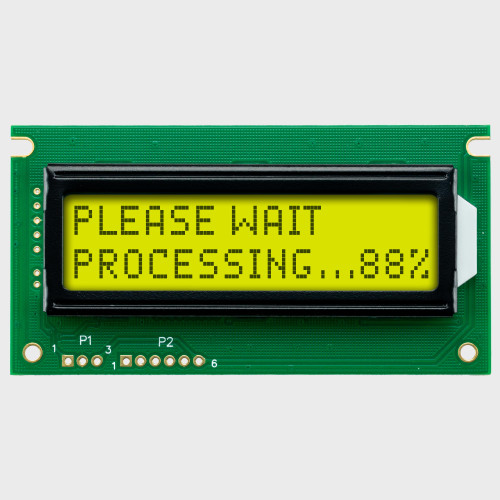 Front view of a 16x2 character LCD with a backlit yellow-green screen showing a processing notification with dark text.