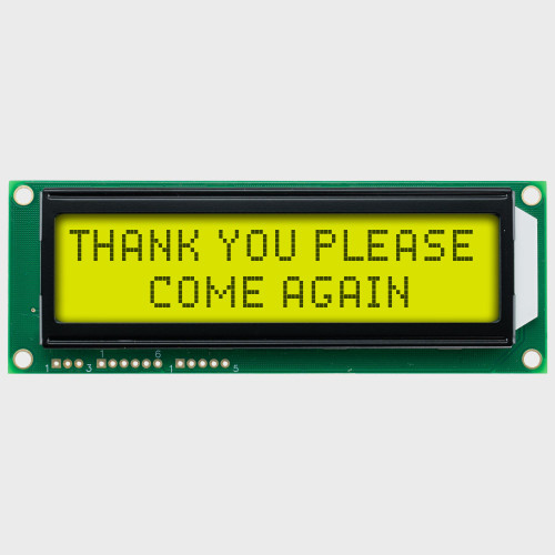 Front view of a 16x2 character LCD with a backlit yellow-green screen showing dark text.