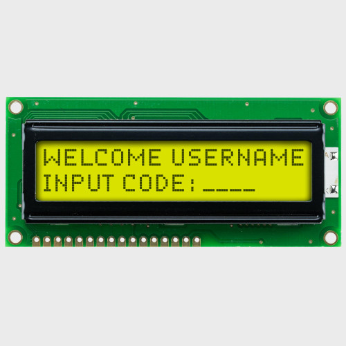 Front view of a 16x2 character LCD with a backlit yellow-green screen showing a password input prompt in dark text.