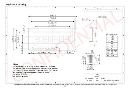 Drawing Specification for NHD-0216PZ-FL-YBW-PC